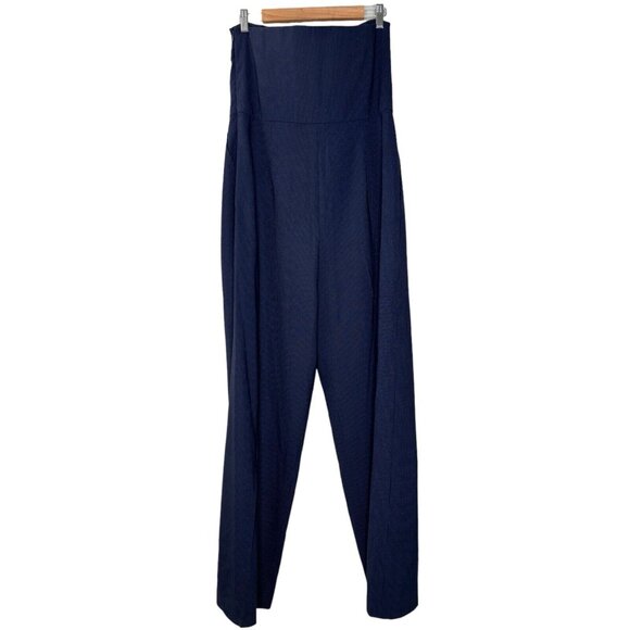 Carlisle NY Garrett Strapless Jumpsuit (Sz 14) Navy Pinstripe Wool Wide Leg FLAW - Picture 7 of 12